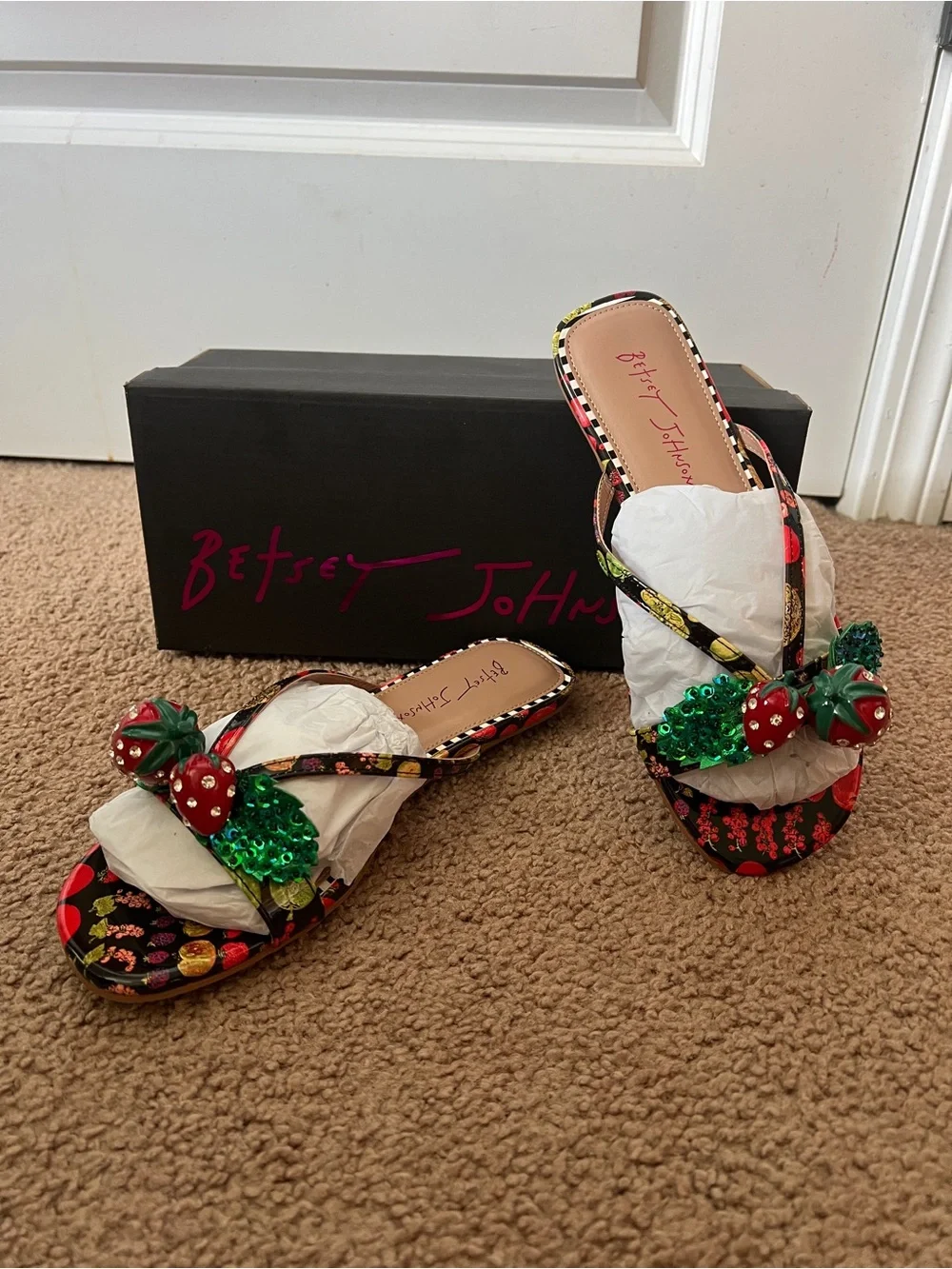 Betsey Johnson Garrik Black Strawberry Embellished Sandals